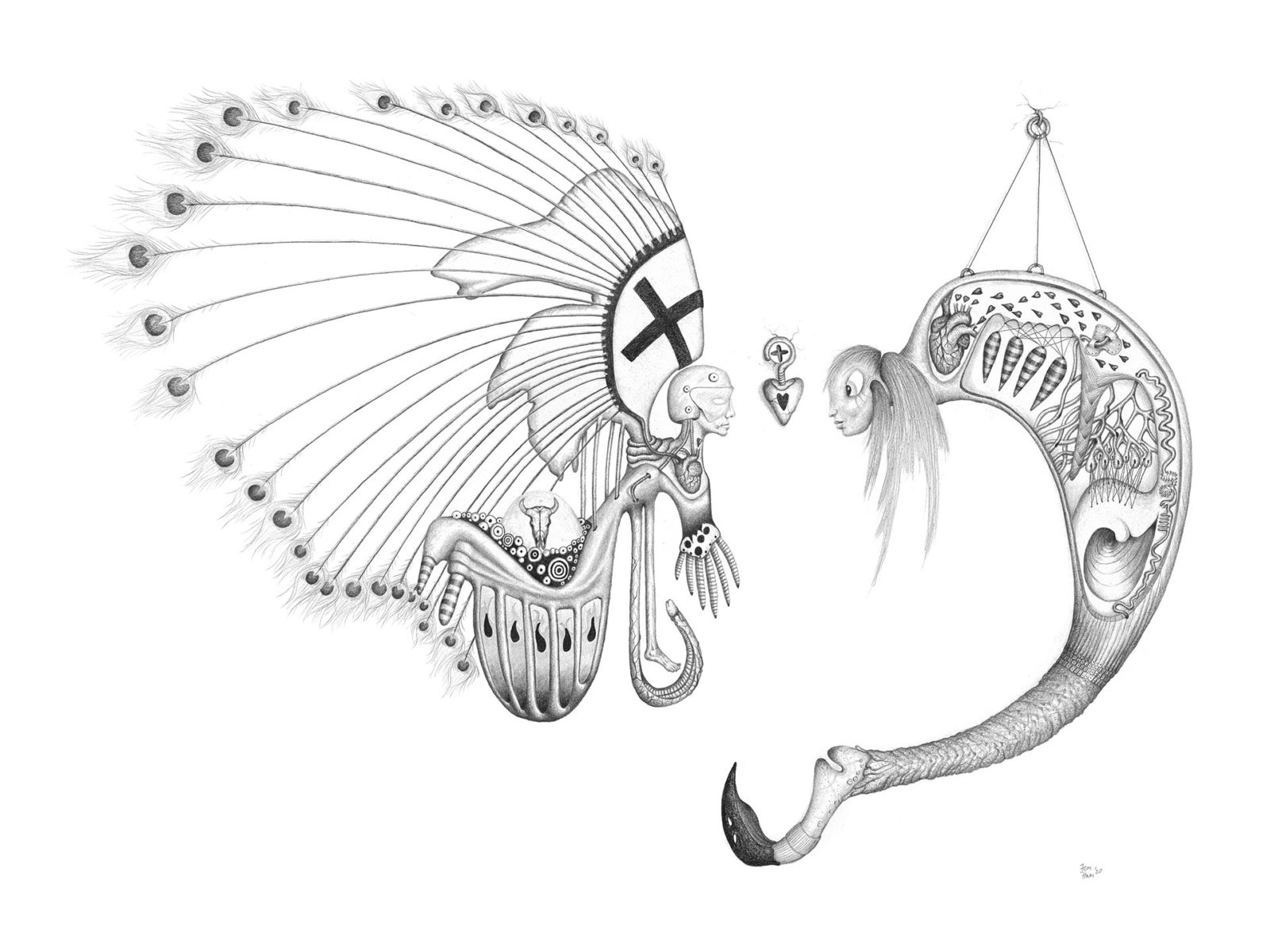 Fictional character with peacock feathers and bull skull