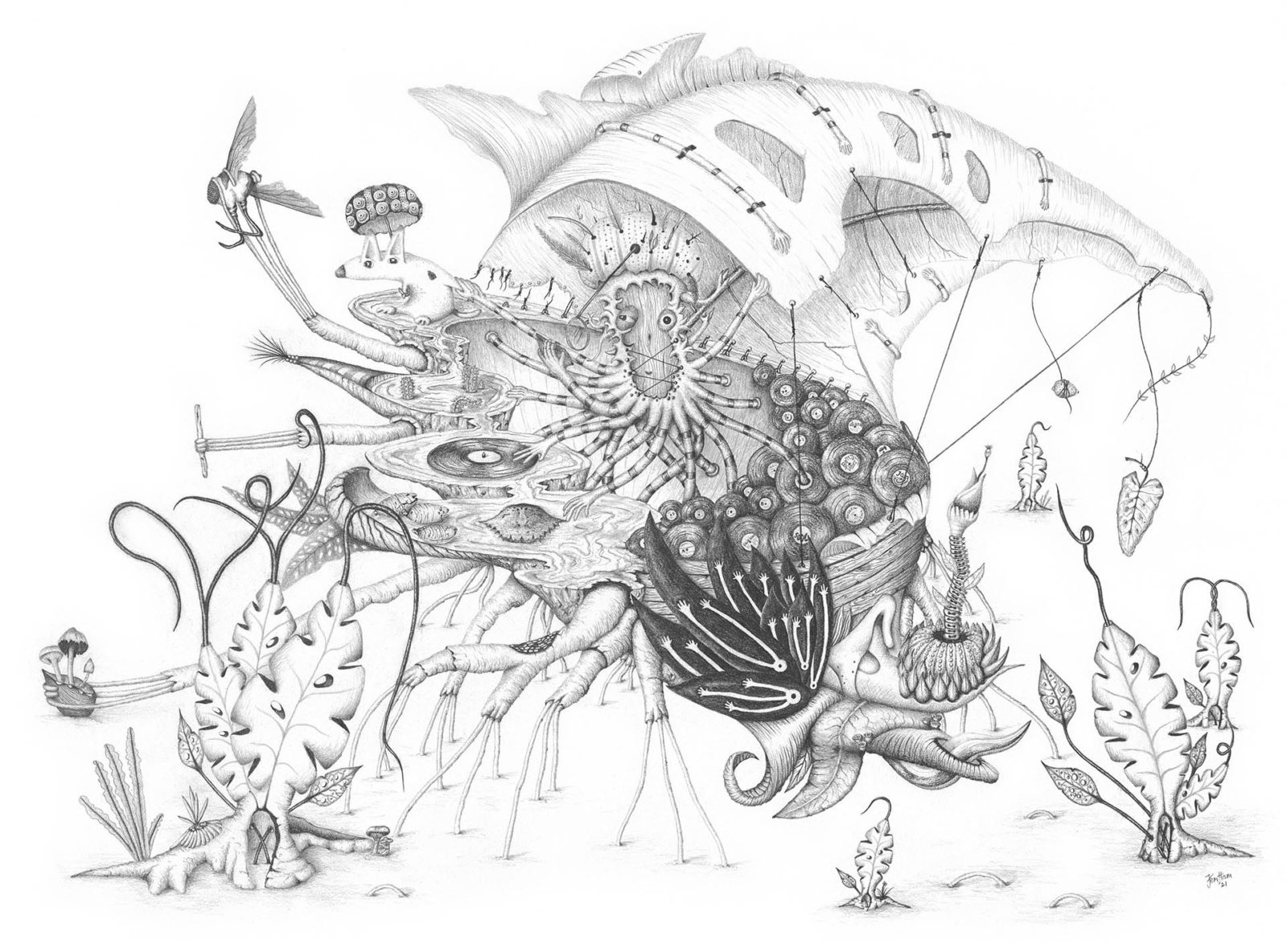 Fictional character sailing in fantasy leaf boat pencil drawing