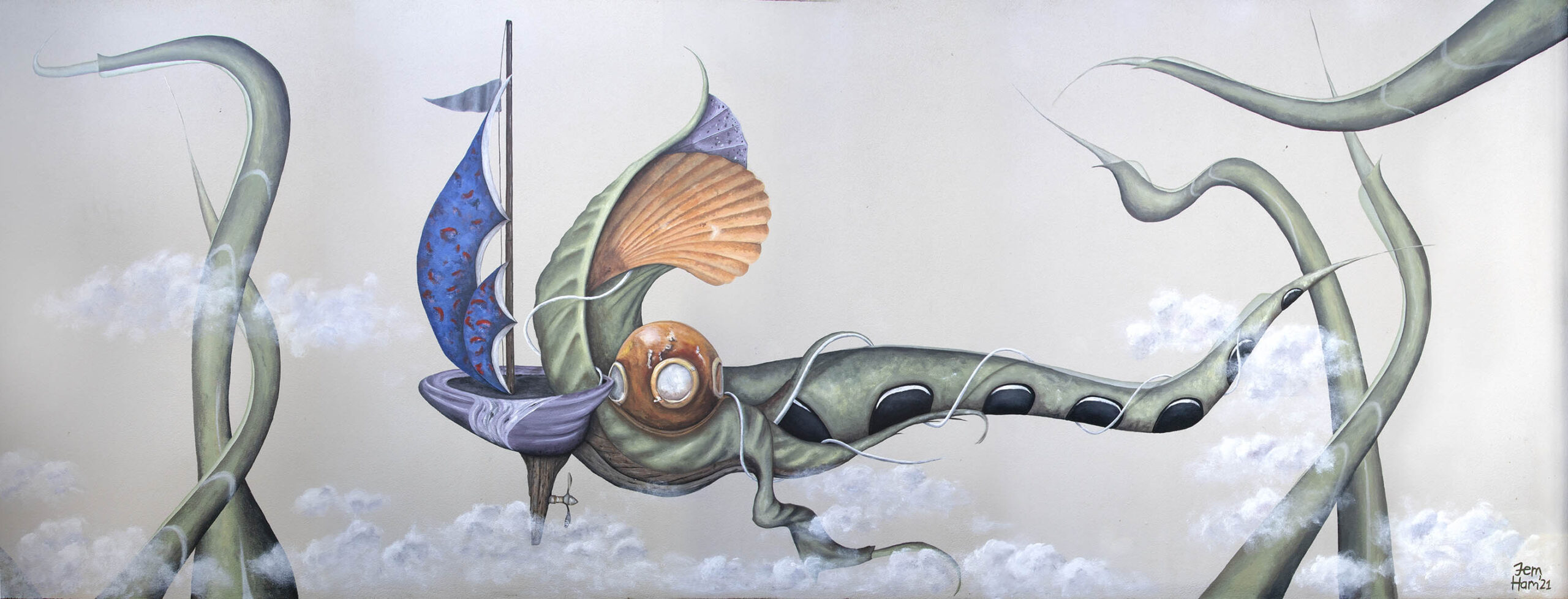 Outdoor mural of fantasy scene with diver's helment on green creature boat with sail