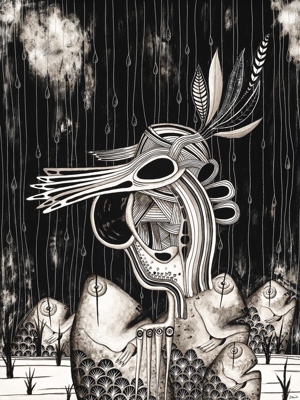 Black and white etching on clayboard of surrealist figure with sorrowful fish and rain and clouds.