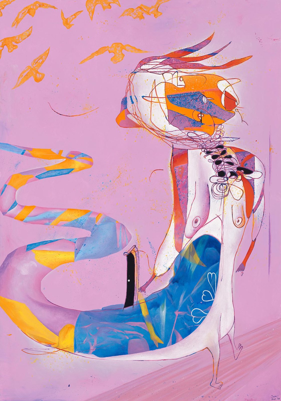 Woman with fragmented face on pink background and yellow birds in sky